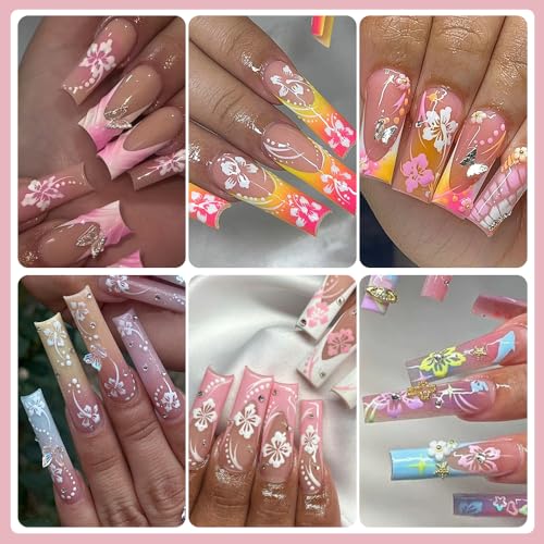 Flower Nail Stickers, Hibiscus Nail Decals 3D Self-Adhesive White Pink Gold Flower Pattern Summer Hibiscus Nail Design Manicure Tropical Accessories for Women Girls(6Sheets)