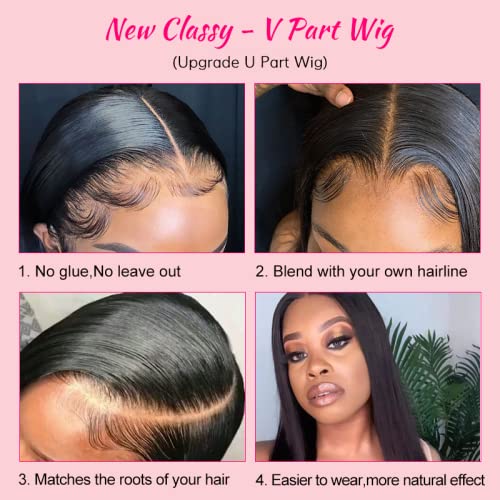 180% Density V Part Wig Human Hair with Drawstring Straight Brazilian Virgin Glueless Wig Human Hair for Black Women Upgrade U Part Wigs Full Head Clip In Half Wig No Leave Out Natural Color 8 Inch