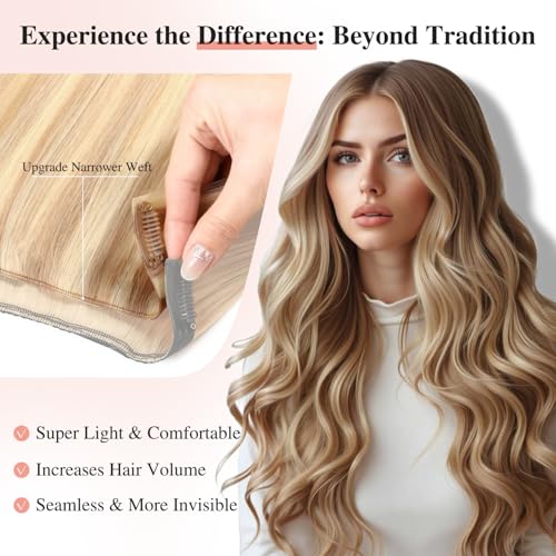 Invisable Edge Clip in Hair Extensions Real Human Hair 120G Mixed Bleach Blonde Hair Extensions 18 Inch PU Clip Ins 8PCS Straight Highlight Blonde Clip in Extensions for Women(18/613#)
