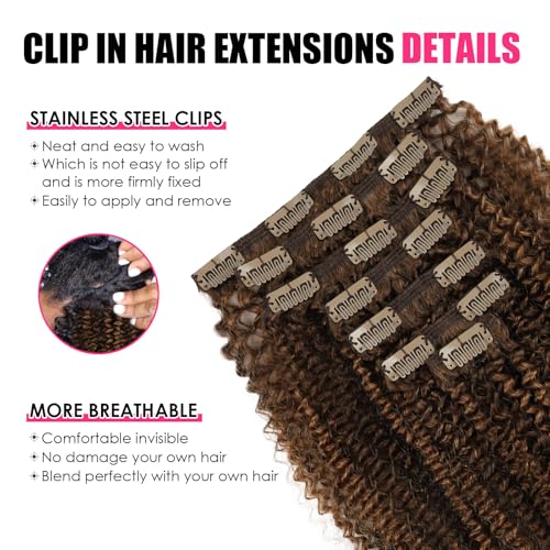 Curly Clip in Hair Extensions Real Human Hair Kinky Curly Clip ins Black Women #P4/27 Drak Brown Highlight Blonde Remy Human Hair Extensions Double Weft 7Pcs 120g 20 Inch