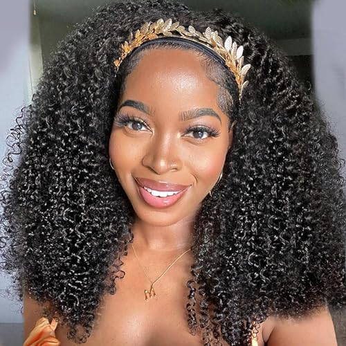 XSY Headband Wig Human Hair Kinky Curly 20 Inch Headband Wigs for Black Women Deep Curly Human Hair Wigs None Lace Front Wig 150% Density Natural Black Color
