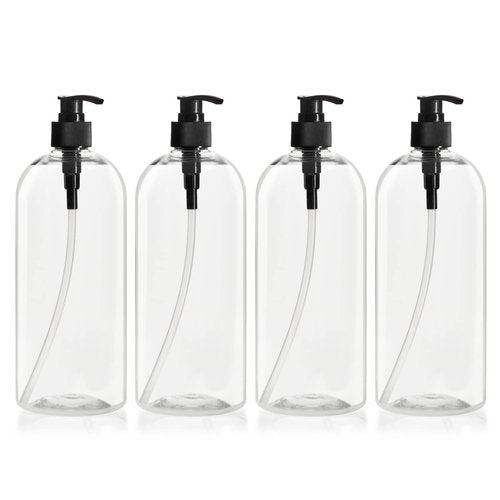 Okuna Outpost Refillable Shampoo & Conditioner Pump Bottles - 34 Oz Shampoo Pump Bottles - Non-Spill Saves Waste & Body Wash Dispenser - Hand Soap & Lotion Dispensers - Pack of 4, Clear/Black Top