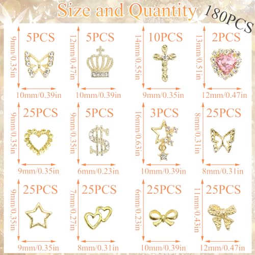 180PCS Gold Nail Charms: Cross Crystal Star, 3D Gold Butterfly, Sparkly Crown, Shiny Dollar Sign, Bling Cross Bowknot Starlight for Nail Art and DIY