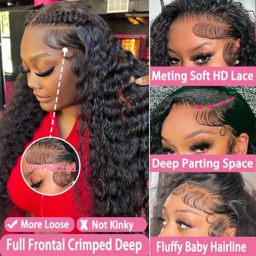 250 Density 30 Inch Deep Wave Lace Front Wigs Human Hair Hd Lace Front Wigs Curly Wig Wet And Wavy Pre Plucked 100% Real Human Hair No Synthetic Blend No Tangle No Shedding Triple Lifespan 3X