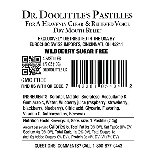 Dr. Doolittle¡¯s Sugar Free Soft Fruit Pastilles for Voice and Throat, Wild Berries Flavor, Travel Size Bag,0.33 ounces approximately 4 Count Package, 20 Pack