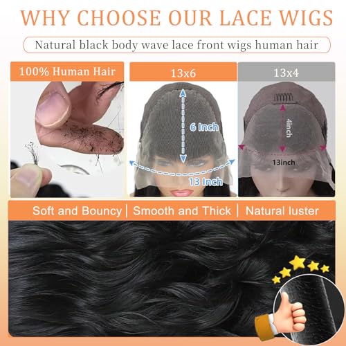 220% Density 13x6 Lace Front Wigs Human Hair 32 Inch Real Human Hair Wig 12A Body Wave HD Lace Frontal Wigs Pre Plucked Virgin Natural Black Human Hair Wig Invisilbe Hairline Tiny Knots for Women