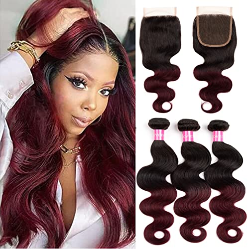 Ombre Brazilian Body Wave Human Hair Bundles With Closure Body Wave 3 Bundles with 4x4 Free Part Lace Closure 2 Tone Black to Burgundy Color Human Hair Extensions(T1B/99J, 18 20 22+14)