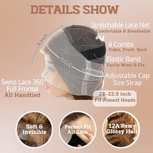 Highlight 360 Body Wave Lace Front Wigs Human Hair, Pre Plucked 180% Density Honey Blonde Highlighted Ombre Full 360 HD Lace Frontal Wig, 4/27 Colored 12A Thick Brazilian Remy Hair 18 IN