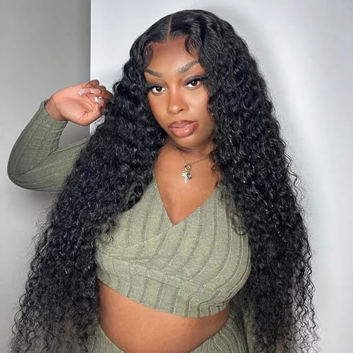 30Inch Glueless Wigs Human Hair Pre Cut 5x5 Deep Wave Lace Closure Wigs 180% Density Wear and Go Curly Wig for Black Women Natural Black Color Small Head Friendly