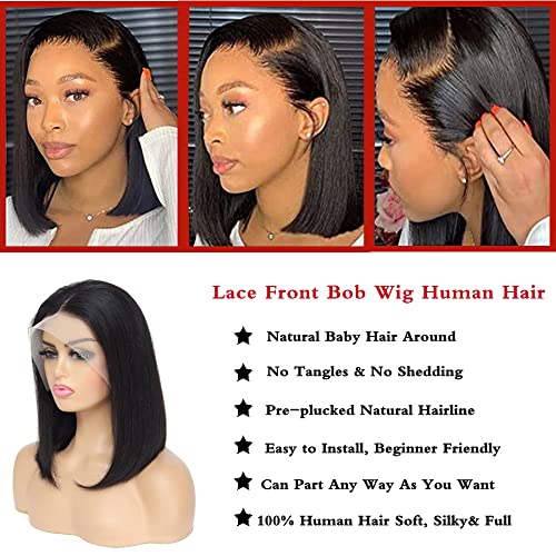 Short Bob Wig Human Hair 13x4 Frontal Bob Wigs 180% Density Glueless Wigs Pre Plucked for Black Women (12 inch)