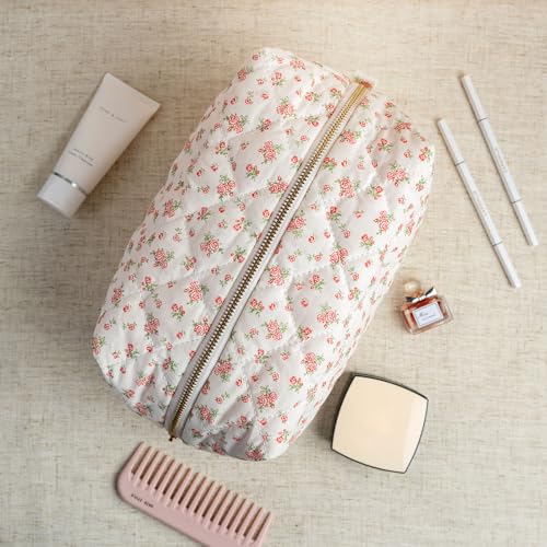 2-Piece Handmade Cotton Quilted Makeup Bag Set, Floral Cosmetic & Skincare Organizer Zippered Pouch for Women & Girls, Travel Toiletry Bag for Essentials,Rose