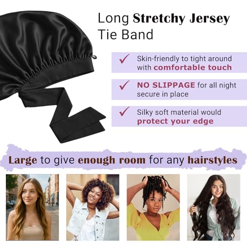 Long Hair Bonnet for Women, XL Silky Satin Sleeping Cap with Tie Band for Braids Curly Hair, Includes 10PCS Scrunchies