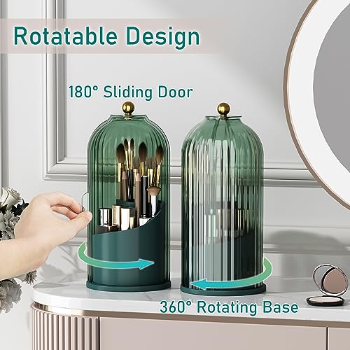 GAXmi Makeup Brush Holder with Lid Cosmetic Tools Organizer 360 Rotating Waterproof Dustproof Beauty Brushes Storage for Vanity, All Green