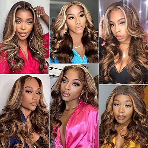 MISSJAY 24 Inch 13x6 HD Lace Front Human Hair Wig - Honey Blonde Highlight Ombre Body Wave - 180 Density for Black Women