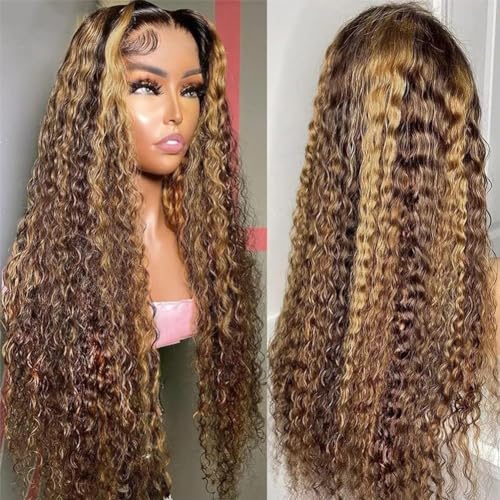 13x6 Highlight Lace Front Wigs Human Hair 30 Inch 4/27 Ombre Deep Wave Lace Front Wigs Human Hair Pre Plucked 180% Density Honey Blonde Curly Wigs