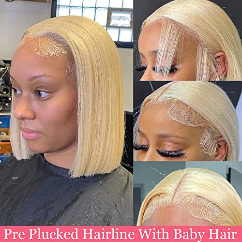 613 Blonde Short Bob Wig Human Hair 13X4 Lace Front Wigs with Baby Hair for Black Women Pre Plucked Straight Brazilian Virgin Hair Lace Frontal Wig 150% Density 12 Inch