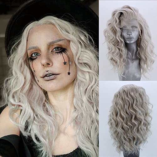 RONGDUOYI Shoulder Length Light Grey Body Wave Lace Front Wigs for Women Girls Heat Resistant Synthetic Wig with Free Part Ash Silver Natural Looking Daily Wear Wig (16Inch, 4503)