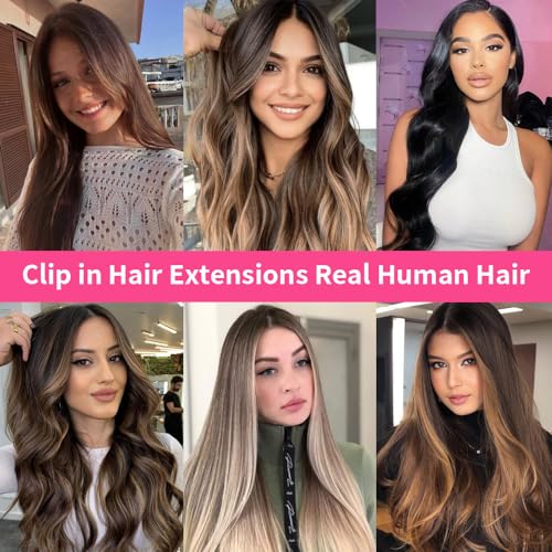Hair Extensions Clip in Human Hair Chestnut Brown Mixed Blonde Natural Hair 8pcs 120g Remy Human Hair Extensions Clip in Thick Hair Extensions for Woman(6/613,24inch)