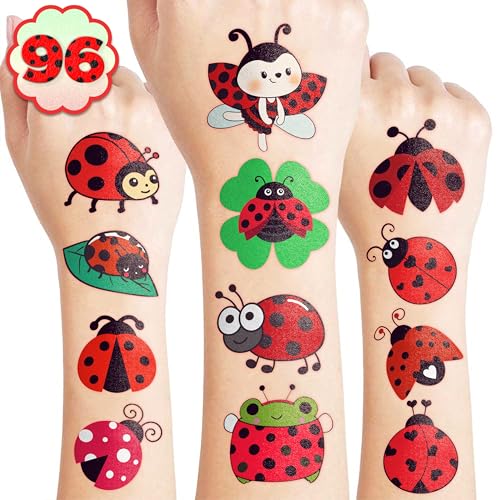 96PCS Ladybug Pre-Cut Temporary Tattoos for Kids - Cute Lady Beetle Bug Tattoos, Party Favors, Birthday Decorations, Classroom Rewards, Halloween Gifts for Boys & Girls