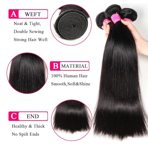 12A Human Hair Bundles 22 24 26 Inch Brazilian Straight Hair 3 Bundles 100% Unprocessed Virgin Human Hair Weave Straight Hair Extensions Natural Black£¨22 24 26£©