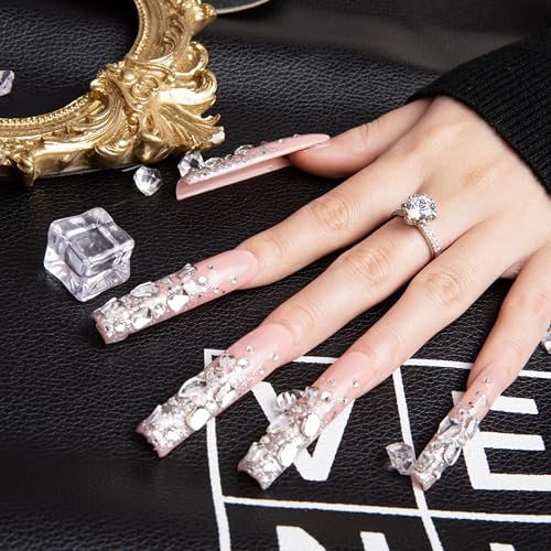 LOVFUL Stunning Bling Nails,Crystal Detailed Diamonds Press On Nails | Custom Shape | Glitter Rhinestone Nails | Gradient Pink Fake Nails| Square Long 2.2 in | H126 (L)