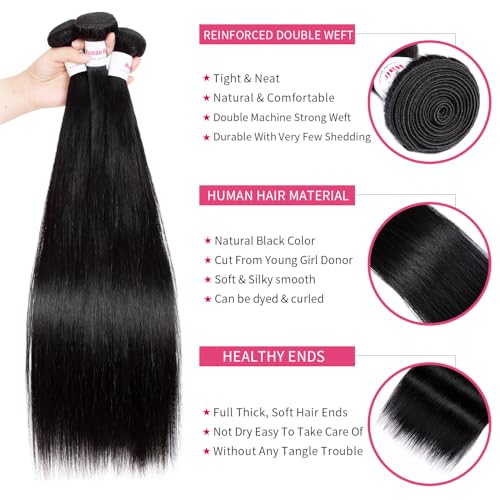 12A Straight Bundles Human Hair 22 24 26 Inch 100% Unprocessed Brazilian Virgin Hair Bundles Straight Hair 3 Bundles Weave Bundles Human Hair Extension