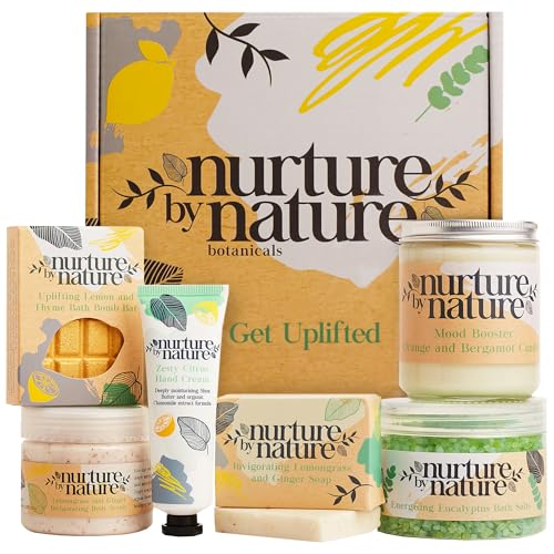 Nurture by Nature RELAX & UPLIFT Spa Kit for Women ? Birthday Gifts for Women ? 6 Piece Gift Basket with Hand Soap, Body Scrub, Hand Cream & More - Vegan Self Care Kit - Relaxation Gifts for Her