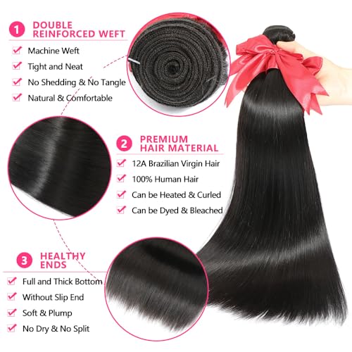 12A Straight Bundles Human Hair with 5x5 Closure 22 24 26+20 Inch Brazilian Human Hair Weave Bundles with 5x5 HD Lace Closure 100% Unprocessed Virgin Hair Extensions
