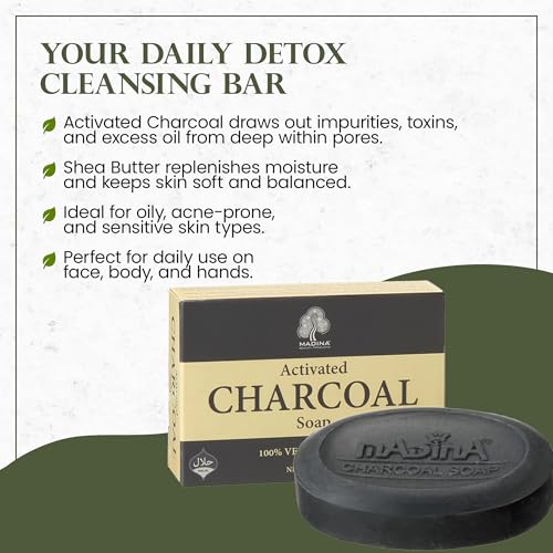 Madina Activated Charcoal Soap Bar ? Deep Cleansing, Detoxifying, Oil Control, Acne, 100% Vegetable-Based, Halal, Gentle Face & Body Cleanser, 6 Pack (3.5 oz Each)