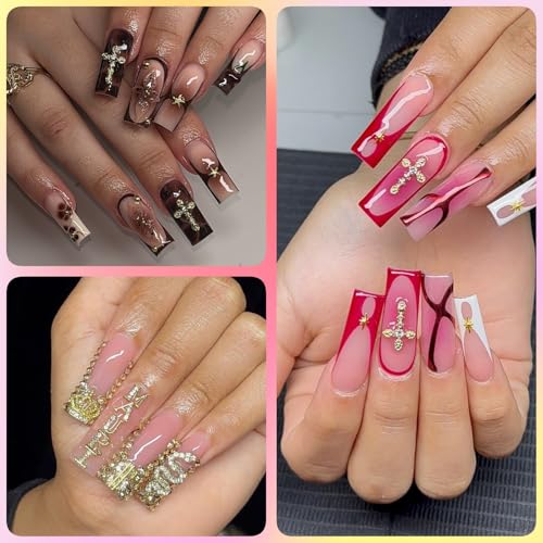 64 Pcs Gold Nail Charms and Gems Y2k Charms for Nails Design Metal Nail Jewels for Nail Art 3D Nail Bow Cherry Butterfly Star Cross Heart Money