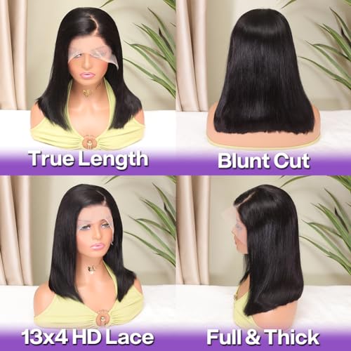 Bob Wig Human Hair 13x4 HD Lace Frontal Short Straight Lace Front Bob Wigs for Black Women Human Hair Pre Plucked Glueless Side Part 180% Density Black Color 14 Inch