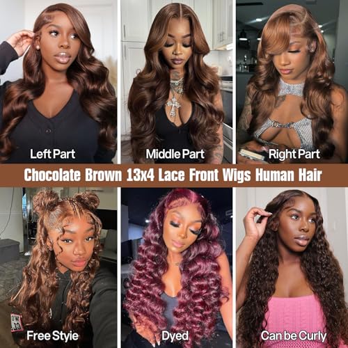 Chocolate Brown Human Hair Wig 26 Inch Brown Wig Human Hair 200 Density Body Wave Lace Front Wigs human hair Pre Plucked 13X4 HD Frontal Wig 4# Colored Glueless Wigs