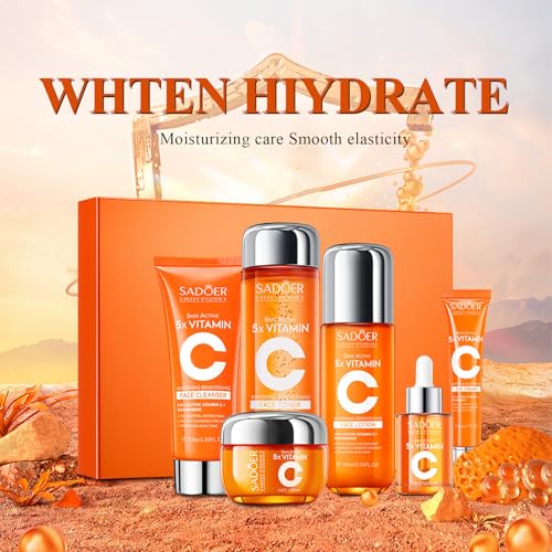 Vitamin C Skincare Set for Women & Teens - 6Pcs Travel Skincare Kit with Cleanser, Toner, Serum, Eye Cream, Face Cream & Lotion - Hydrating, Teen Skin Care & Women's Facial Gift Set