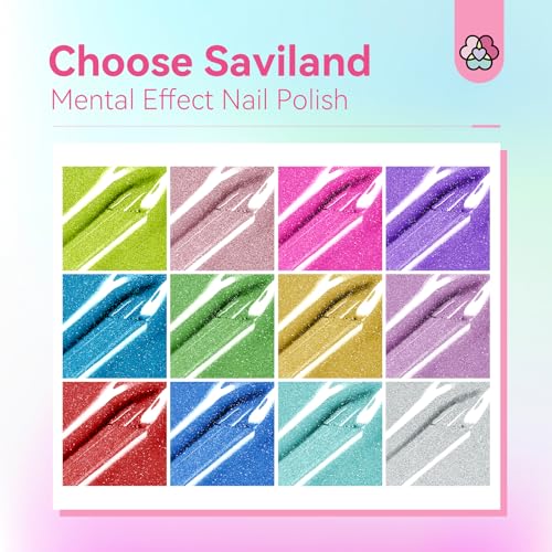 SAVILAND Metallic Nail Polish with Base and Top Coat: Chrome Nail Polish Set 12+2 Colors Mirror Glitter Holographic Silver Pink Quick-Dry Nail Polish for Fingernail French Manicure Art DIY Gift
