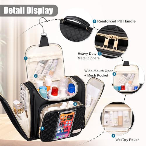 Travel Toiletry Bag for Women, Hanging Toiletry Bag, Bathroom Bag Portable Shower Caddy for College Dorm Travel Shower Bag for Women Water-Resistant Cosmetic Makeup Bag (Black)