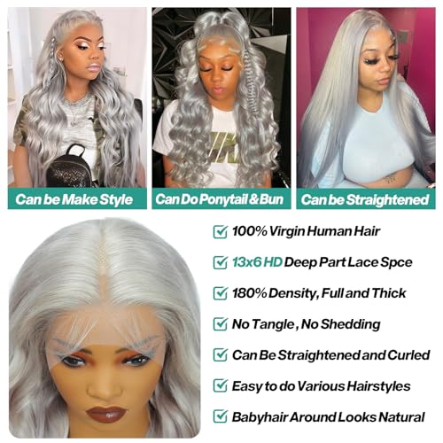 13x6 Grey Lace Front Wigs Human Hair Body Wave Gray Wigs Human Hair Pre Plucked with Baby Hair 200 Density Glueless Brazilian Virgin Grey Lace Frontal Wigs for Women 26 Inch