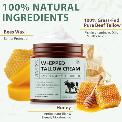 Beef Tallow for Skin, Tallow Face Moisturizer 4.2 Oz, Tallow and Honey Balm, Fast Absorption and Deeply Moisturizing for Face & Body, Organic Grass Fed Beef Tallow with Honey Cream