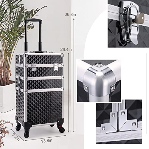 Adazzo 3 in 1 Professional Rolling Makeup Train Case Aluminum Trolley Case with 360¡Æ Rotation Wheels for Makuep Artist Cosmetic Suitcase Organizer with Lock and Key Diamond Pattern - Black