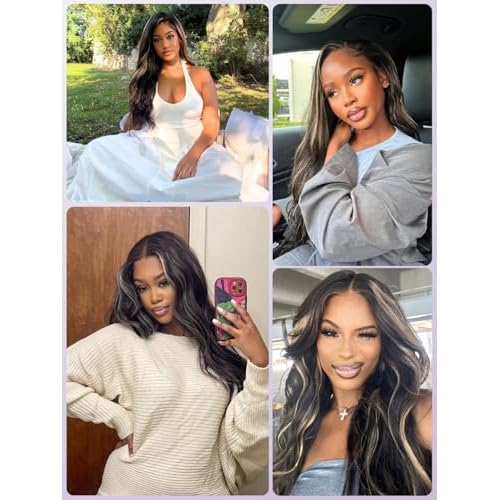 Black With Platinum Blond Highlight Bundles and 2x6 HD Lace Closure Body Wave Human Hair, 12A Balayage Ombre Skunk Stripe 3 Bundle With Long Deep Part Natural Black 2x6 Kim K Closure 12 14 16+10