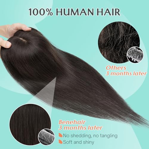 Benehair Hair Toppers for Women Real Human Hair 9 * 12CM Silk Base Hair Pieces No Bangs 150% Density for Thinning 100% Remy Hairpieces for Women Natural Black 12 Inch