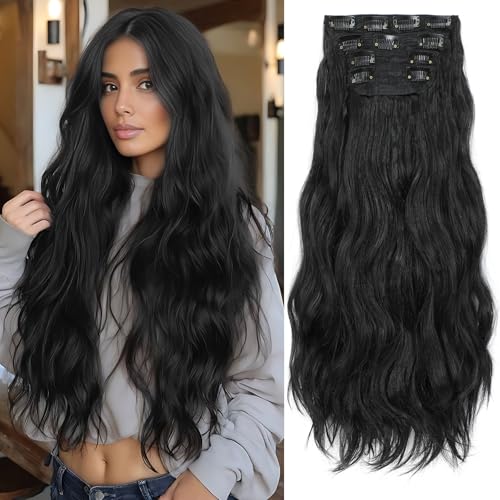 24 Inch Clip in Hair Extensions 4 Pcs - Curly Wave hair Extensions Clip Ins, Soft Natural Look Synthetic Fiber, Tangle Free, Lightweight, Long Use with Secure Invisible Clips, Daily Wear(1B)