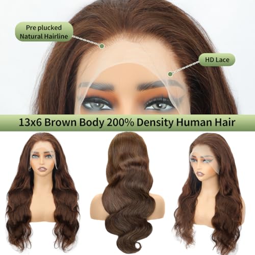30 Inch Chocolate Brown Lace Front Wig Human Hair 200 Density 13x6 Hd Body Wave Lace Front Wigs Human Hair Pre Plucked Colored Frontal Wigs Human Hair Brown Wig Human Hair Wigs for Women