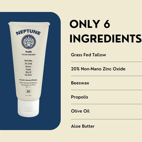 Neptune Non-Toxic Sunscreen - Grass Fed Beef Tallow, Zinc Oxide Mineral Based Sunscreen with Propolis for Skin Healing and Moisturization