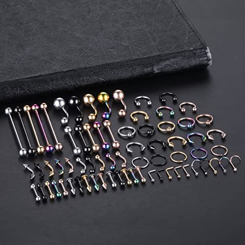 120PCS Body Piercing Kit Surgical Steel 14G 16G 20G BCR CBR Labret Lip Rings Cartilage Daith Earrings Nose Septum Nose Studs Belly Button Rings Piercing Jewelry Needles Gloves Clamps Tools