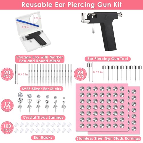 Professional Ear Piercing Gun Kit, Reusable Piercing Gun with Stainless Steel Piercing Earrings Studs, Crystal Earrings for At Home Salon Earlobe Cartilage Helix Tragus Piercing Tool Kit