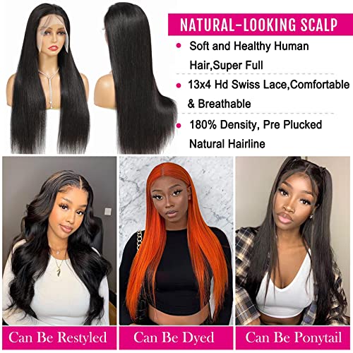 Straight Lace Front Wigs Human Hair 13x4 HD Transparent Lace Frontal Wigs 180% Density Pre Plucked with Baby Hair 24Inch Straight Lace Front Wigs for Black Women Natural Color