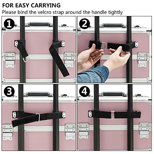 mefeir 4 in 1 Rolling Makeup Train Case, Aluminum Makeup Travel Organizer Cosmetic Case, Cosmetology Display Suitcase on Wheels, Beauty Storage Luggage Lockable w/4 Removable Wheels (Pink)