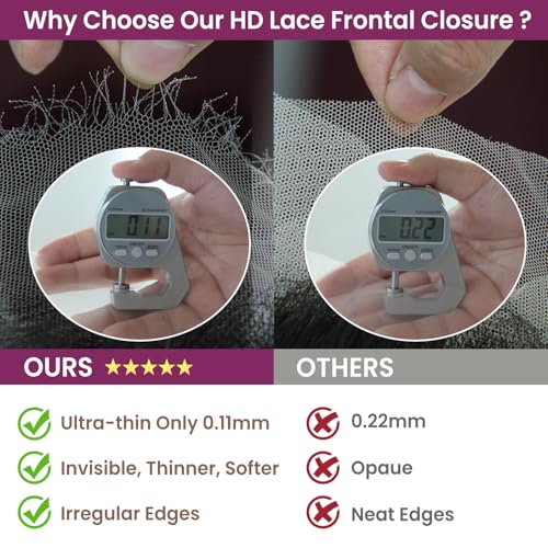 13x6 HD Lace Frontal, 0.11mm Ultra-Thin Skinlike Invisible Swiss Real HD Lace Frontal Closure Pre Plucked with Baby Hair Brazilian Virgin Human Hair Ear to Ear 13x6 Lace Frontal 12 Inch