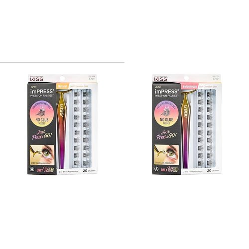 KISS imPRESS Falsies False Eyelashes, Natural' 12 mm & Voluminous' 14 mm, 20 Clusters & Applicator