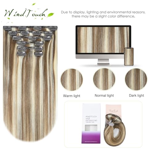 WindTouch Clip In Hair Extensions Ash Blonde To Platinum Blonde Human Hair Highlights For Blonde Full Head 20Inch 120g 7PCS Remy Hair Extensions